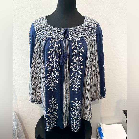 LUCKY BRAND | Boho Floral Stripe Peasant Top Blue White Tunic Plus Size | 1X - Picture 2 of 6
